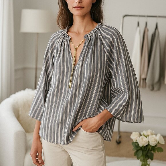 Michael Michael Kors Striped Linen‎ Blend Women's Boho Peasant Blouse Medium - Picture 1 of 14